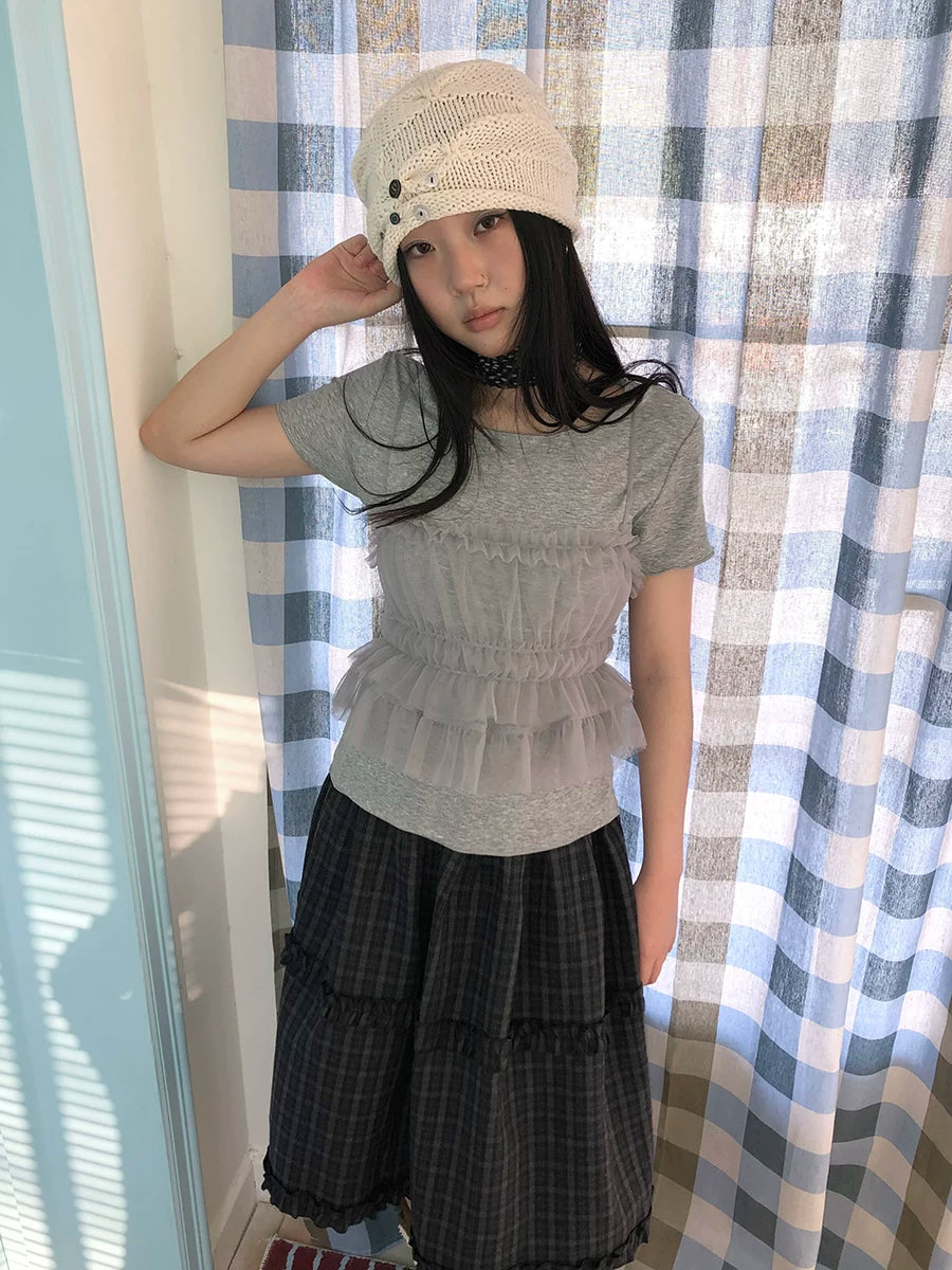 Ang:project Vintage Pleated Waist Mesh Suspender Two-piece Set