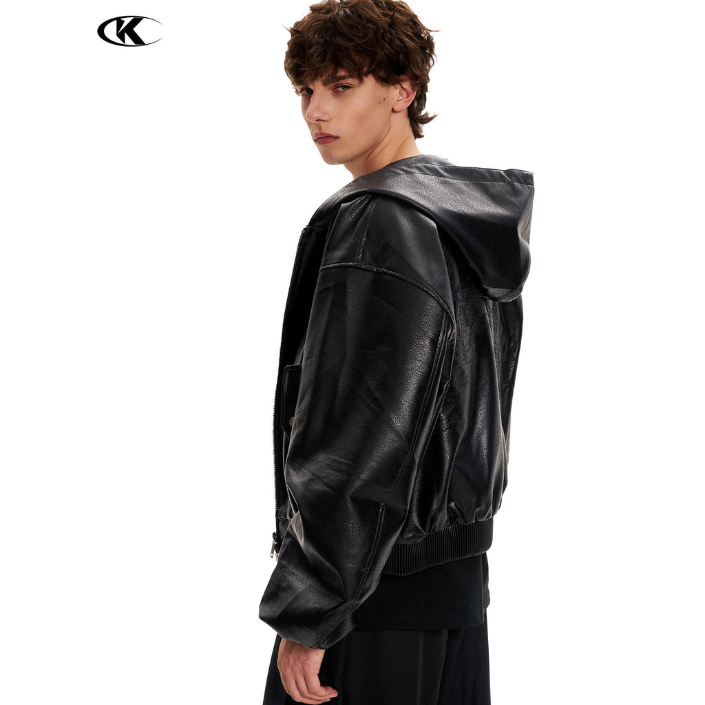 11KN Hooded Short Wide Leather Jacket Embossed Pattern Jacket