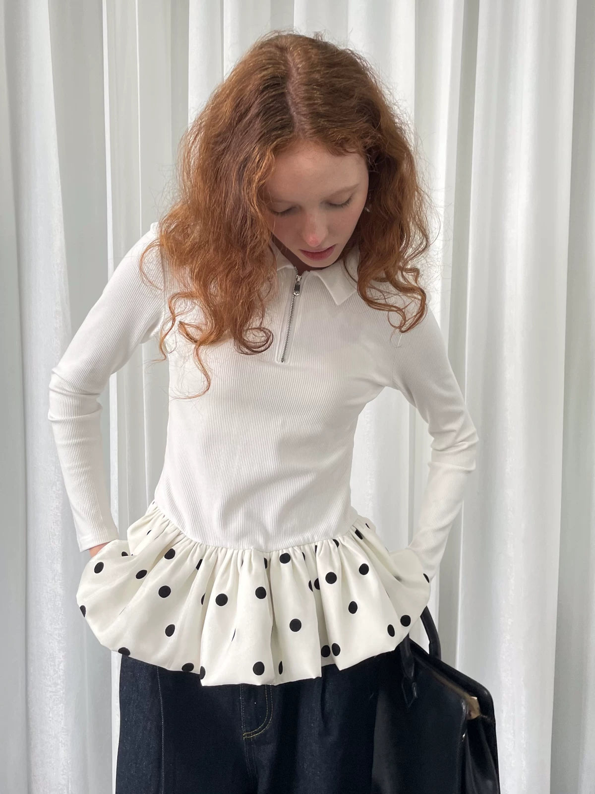 Loosesmell Slim Stitching Polka Dot Bud Hem Long Sleeve