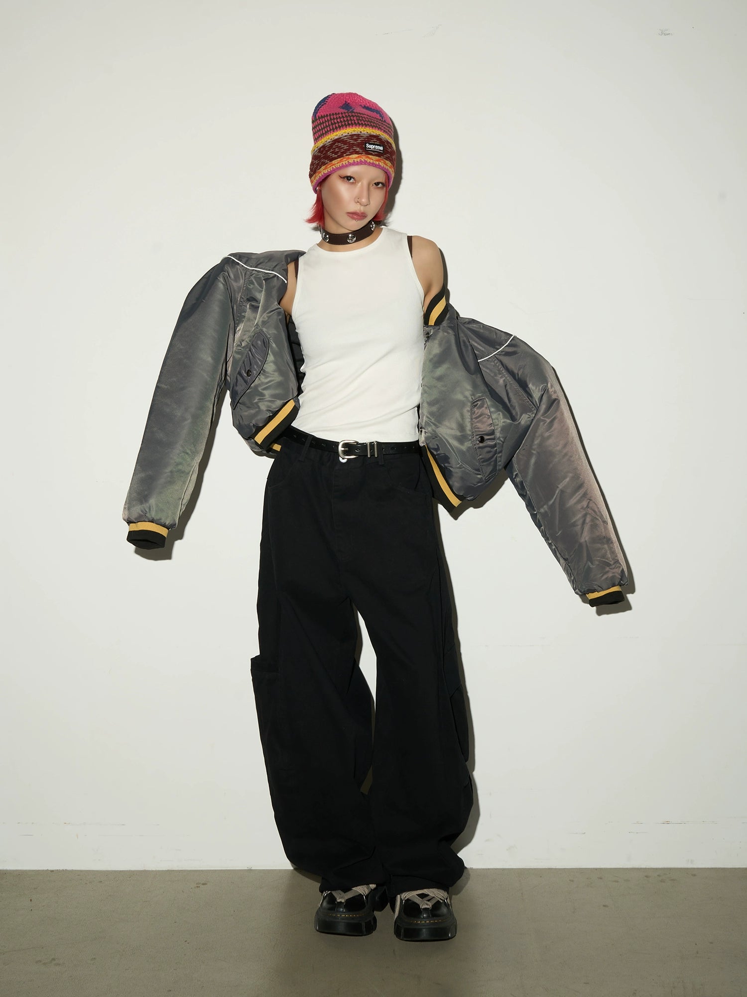 MICHINNYON V Neck Splicing Loose Cotton Jacket