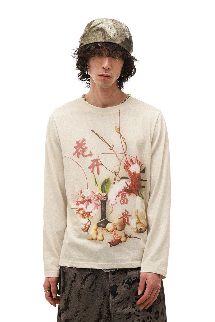 PHYS Chinese Floral Print Lazy Long-sleeved T-shirt