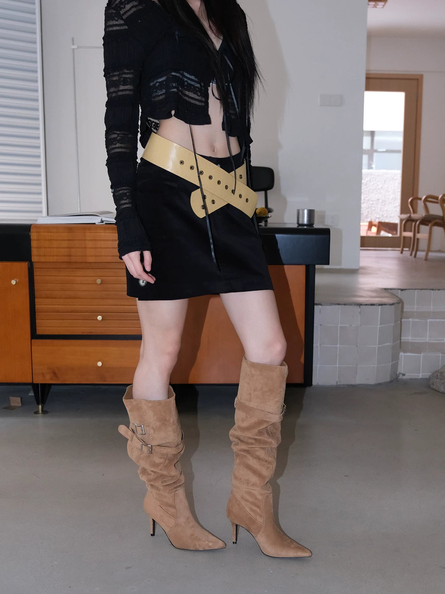 Mooreyu Versatile Belt Buckle Suede Stiletto Boots