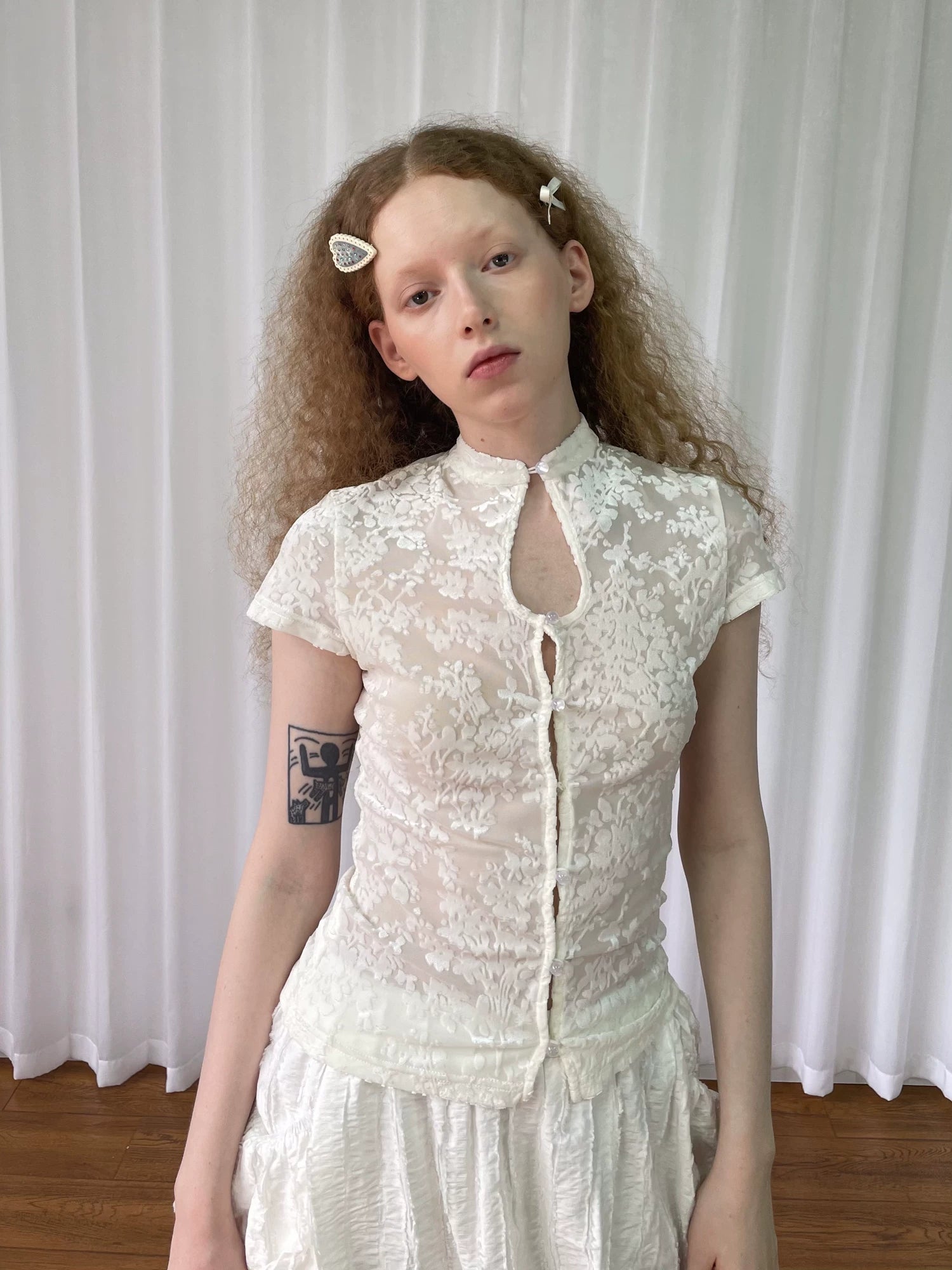 Loosesmell Jacquard Spliced Lace Waist Shirt