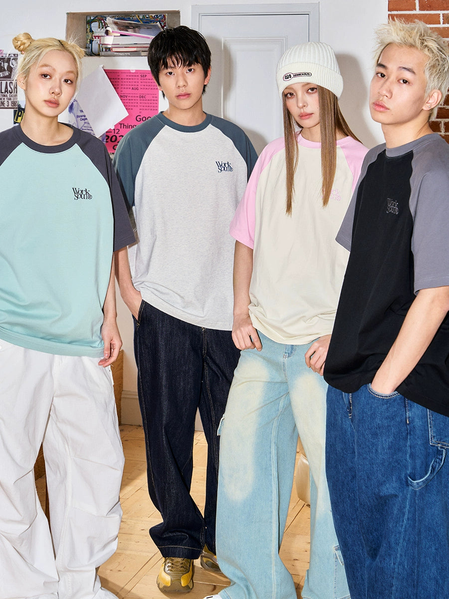 NICEBAD Contrasting Color Raglar Sleeve Embroidery Tee