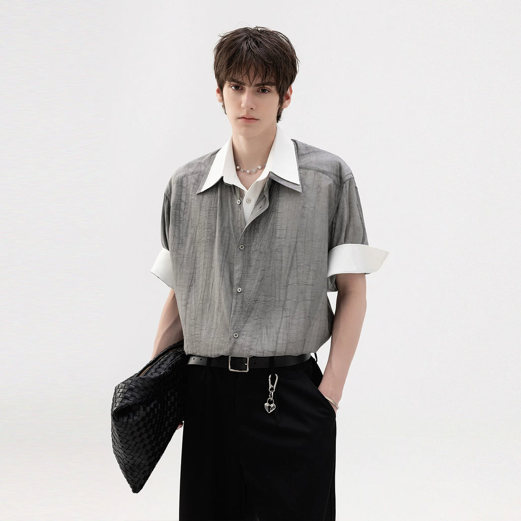 CHOR Fake Two-piece Ink Roll-sleeved Splicing Short-sleeved Shirt