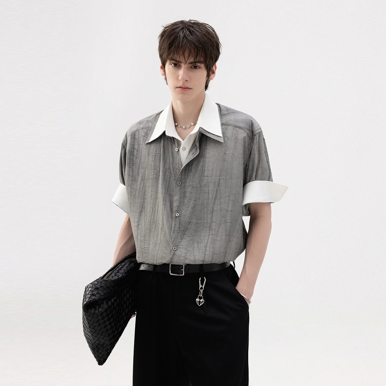 CHOR Fake Two-piece Ink Roll-sleeved Splicing Short-sleeved Shirt