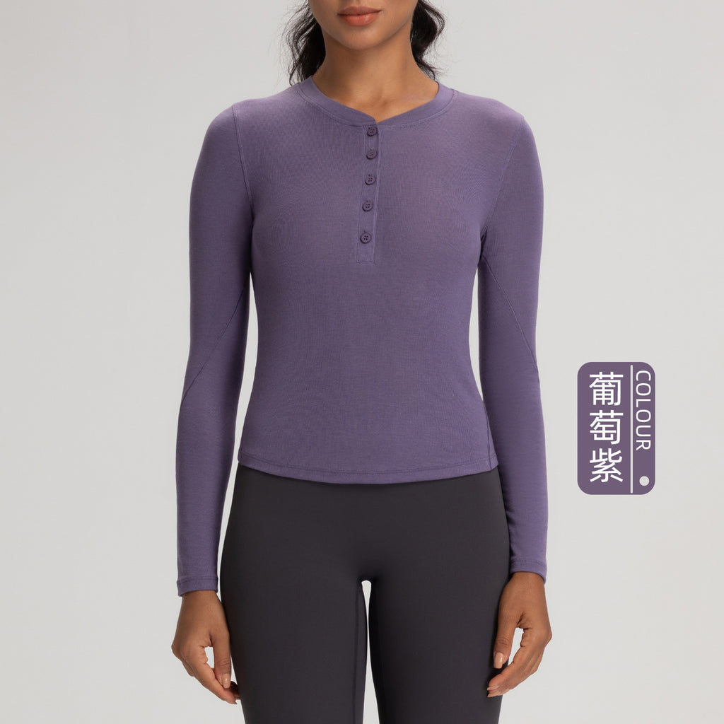 Athena Lulu Button Long Sleeve T-Shirt High Stretch Sports Henley Shirt Top