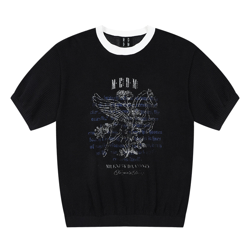 MEDM Letter Pattern Casual Old Knitted Round Neck Tee