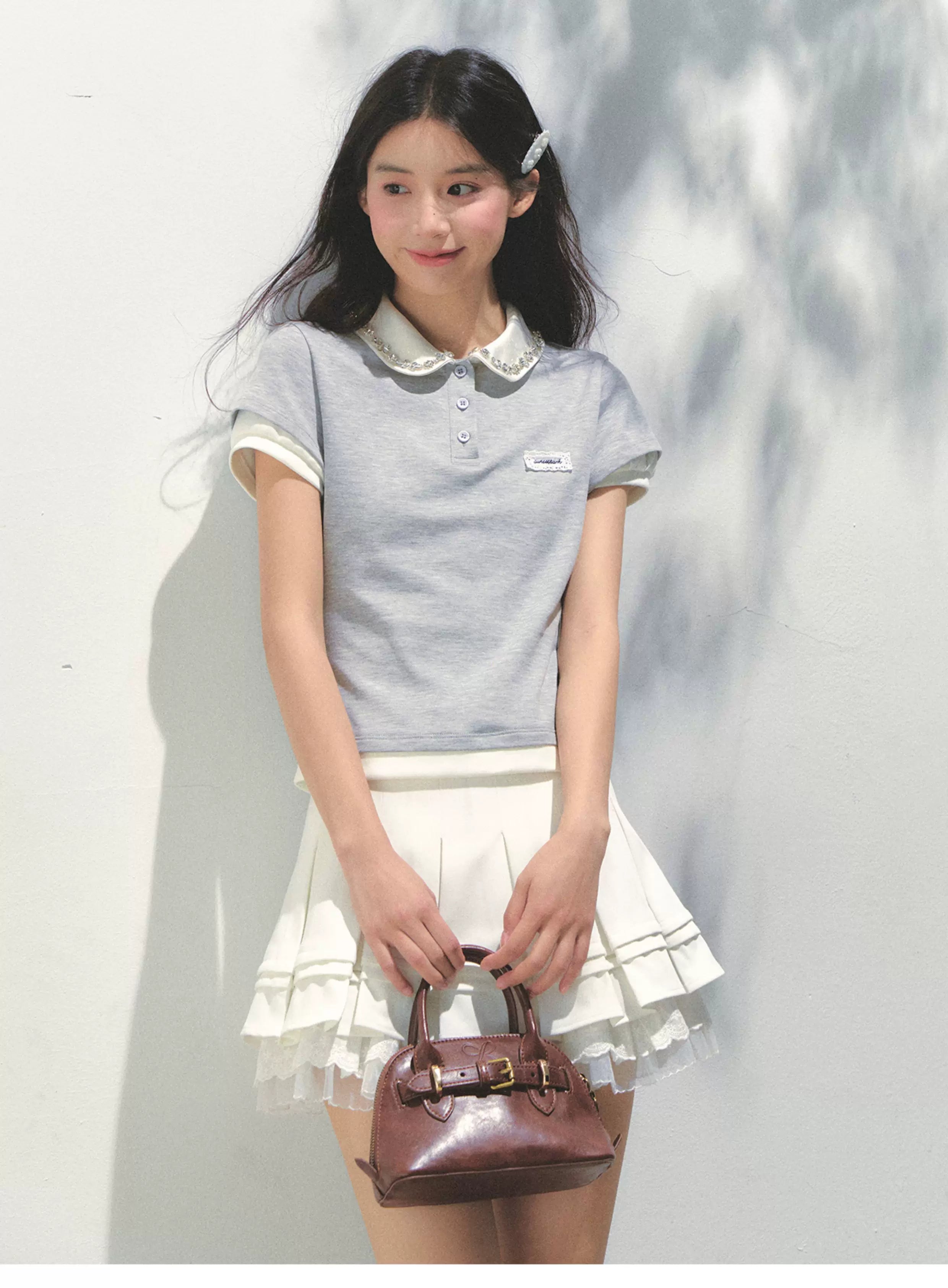 SunsetPark Splicing Fake Two-piece Polo Rhinestone Collar Tee