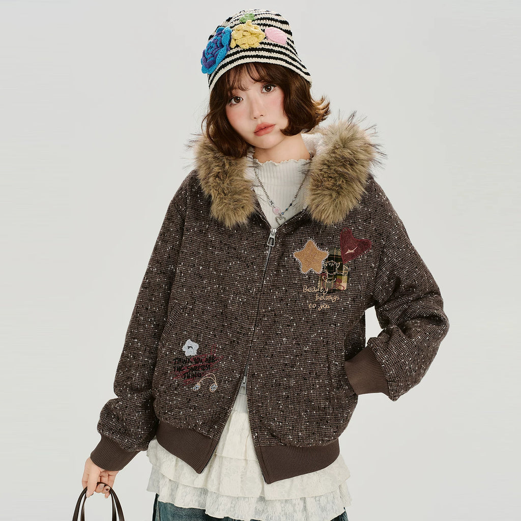 Girlyhalo Vintage Fur Collar Hooded Embroidered Jacket