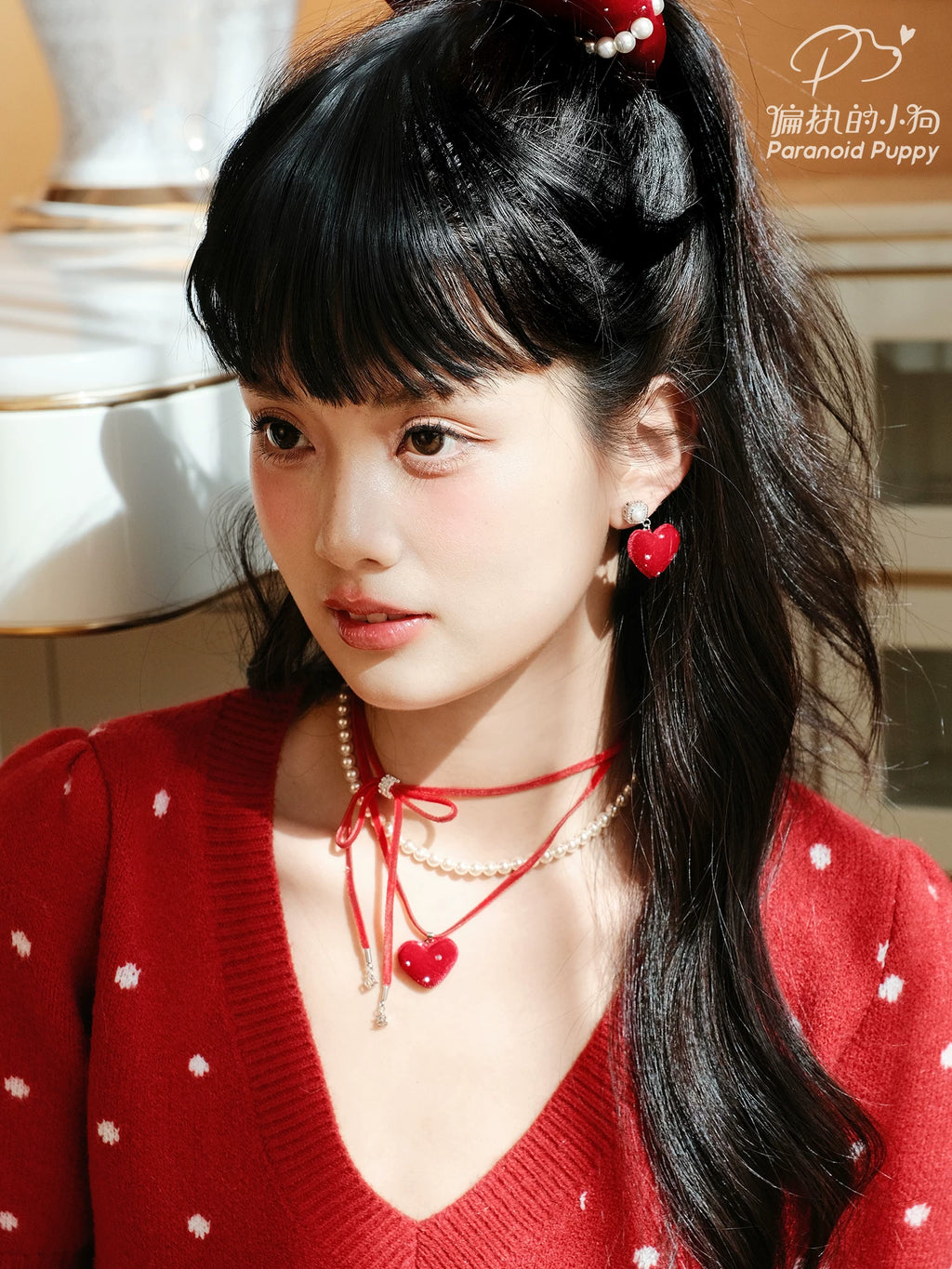 PARANOID PUPPY Red Velvet Love Multi-layer Ribbon Bow Necklace