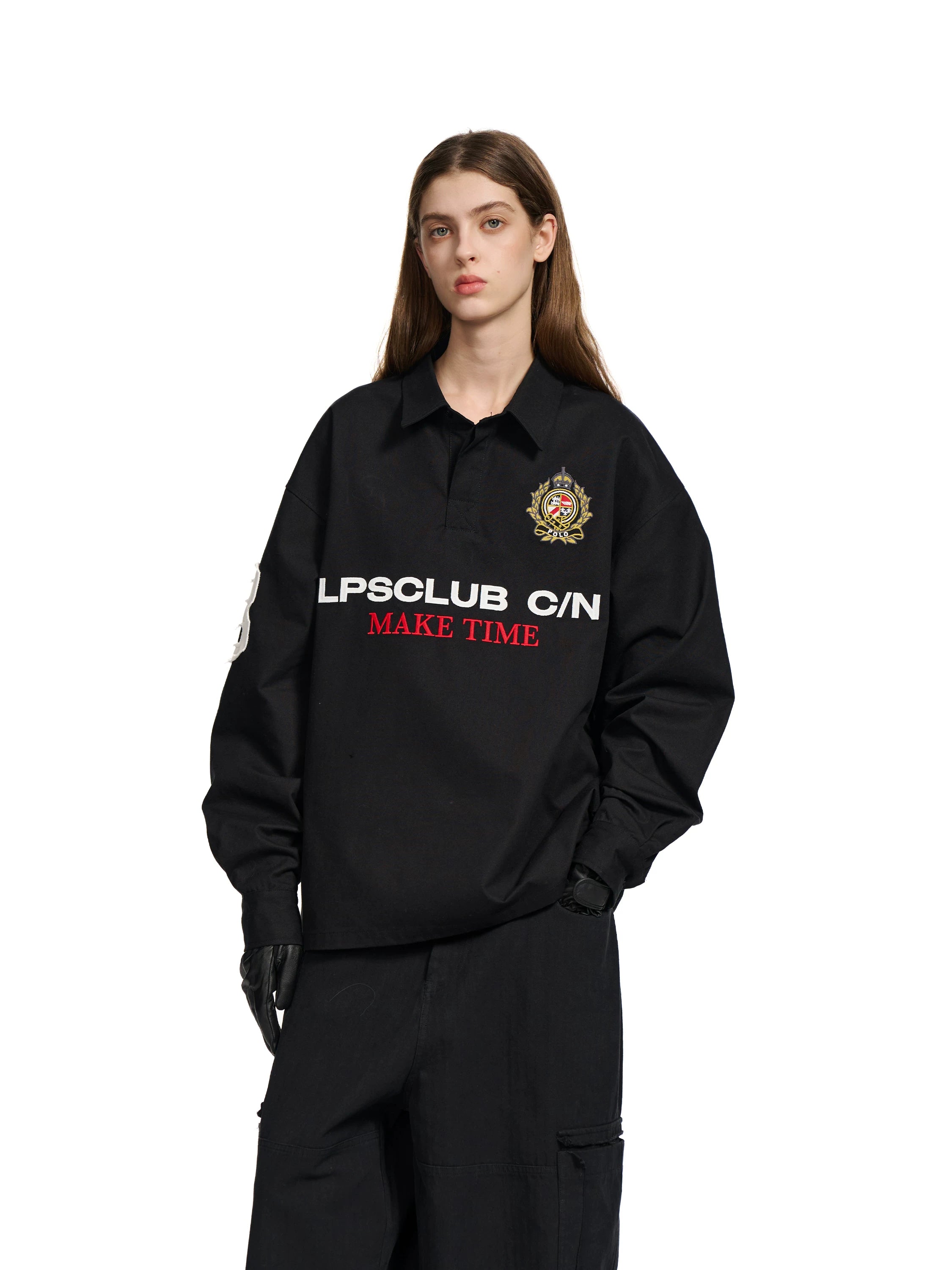 Loopsoon Alphabet Embroidered Lapel POLO Long Sleeve Shirt