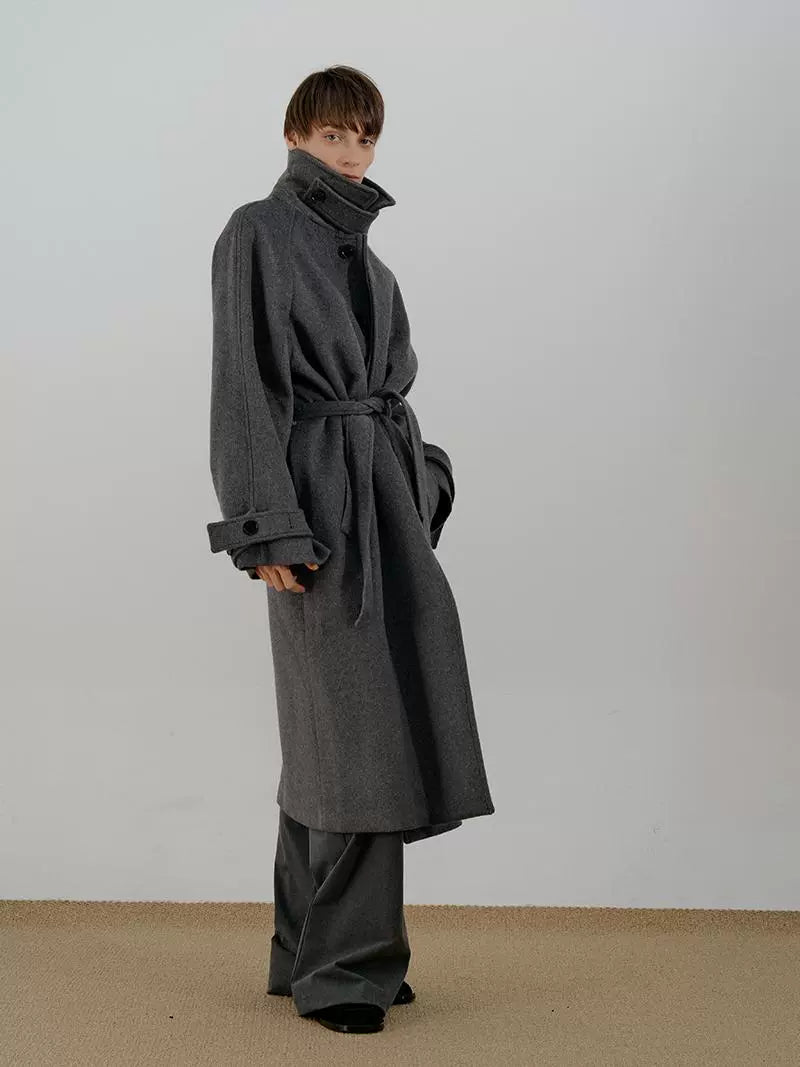 COLN Lace-up Lapel Woolen Single-breasted Coat