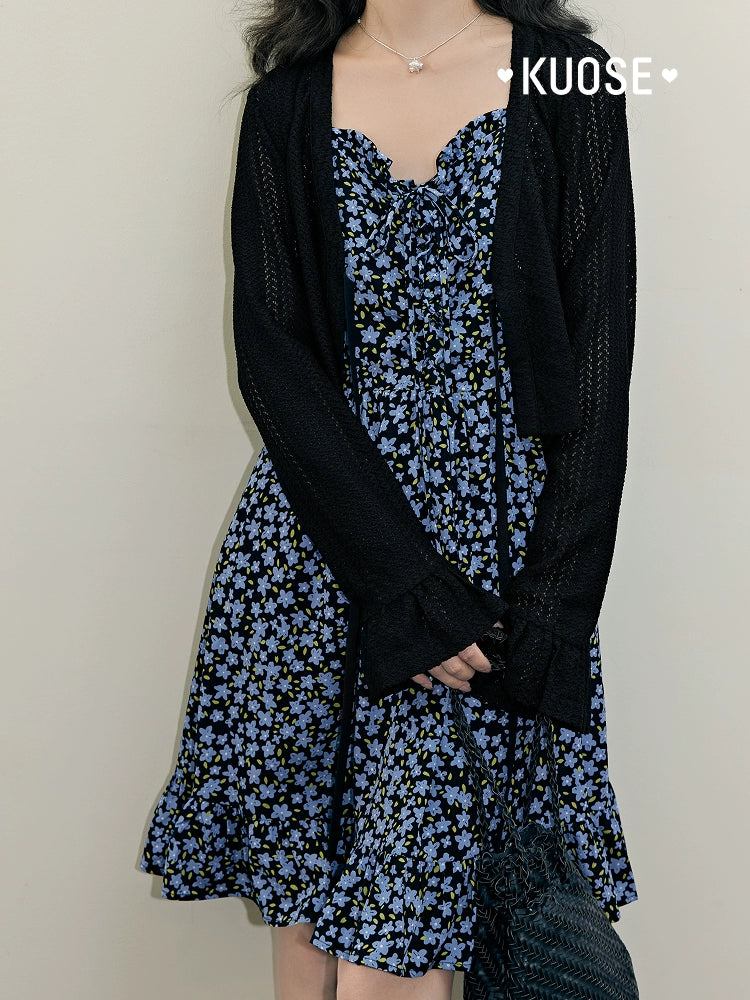 Kuose Floral Suspender Skirt Blue Two-piece Set