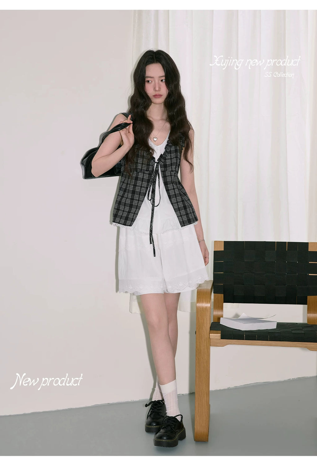 XUJING Fake Two-piece Lace-up Splicing Plaid Sleeveless Tee