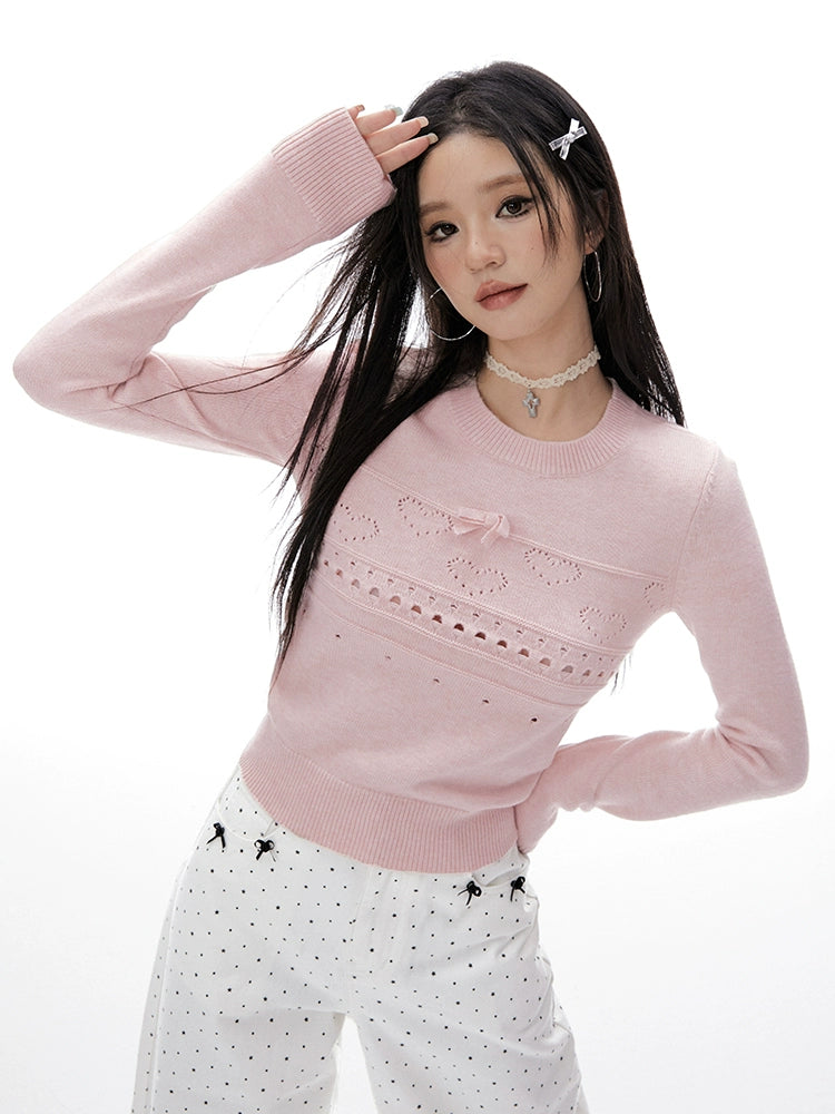 Imone  Bow Short Thin Hollow Knitted Sweater