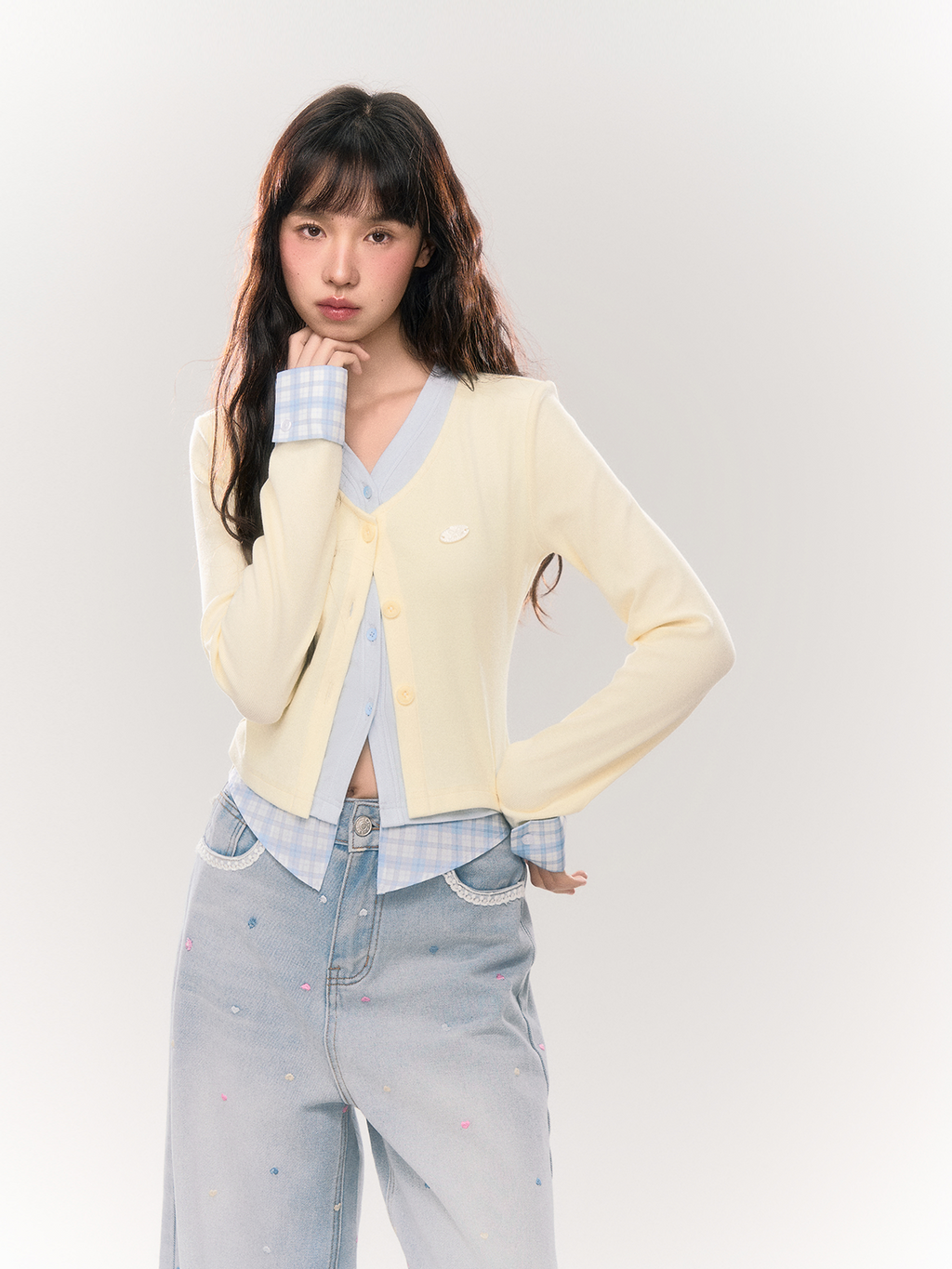 Umoumo Fake Three-piece Knitted Spliced Slim-fit Cardigan
