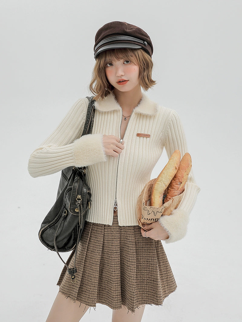 Girlyhalo Slim-fit Lapel Zip-up Sweater
