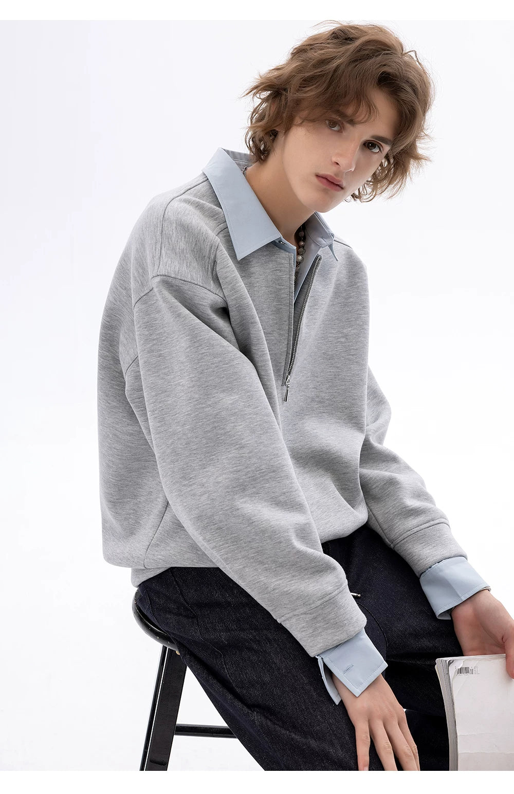 CHOR Fake Two-piece Color-matching Zipper Lapel Pullover Sweater