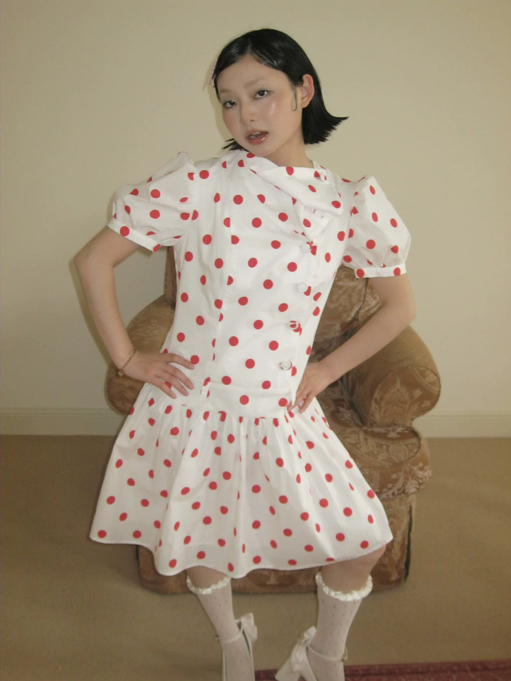 Loosesmell Half Turtleneck Polka Dot Dress