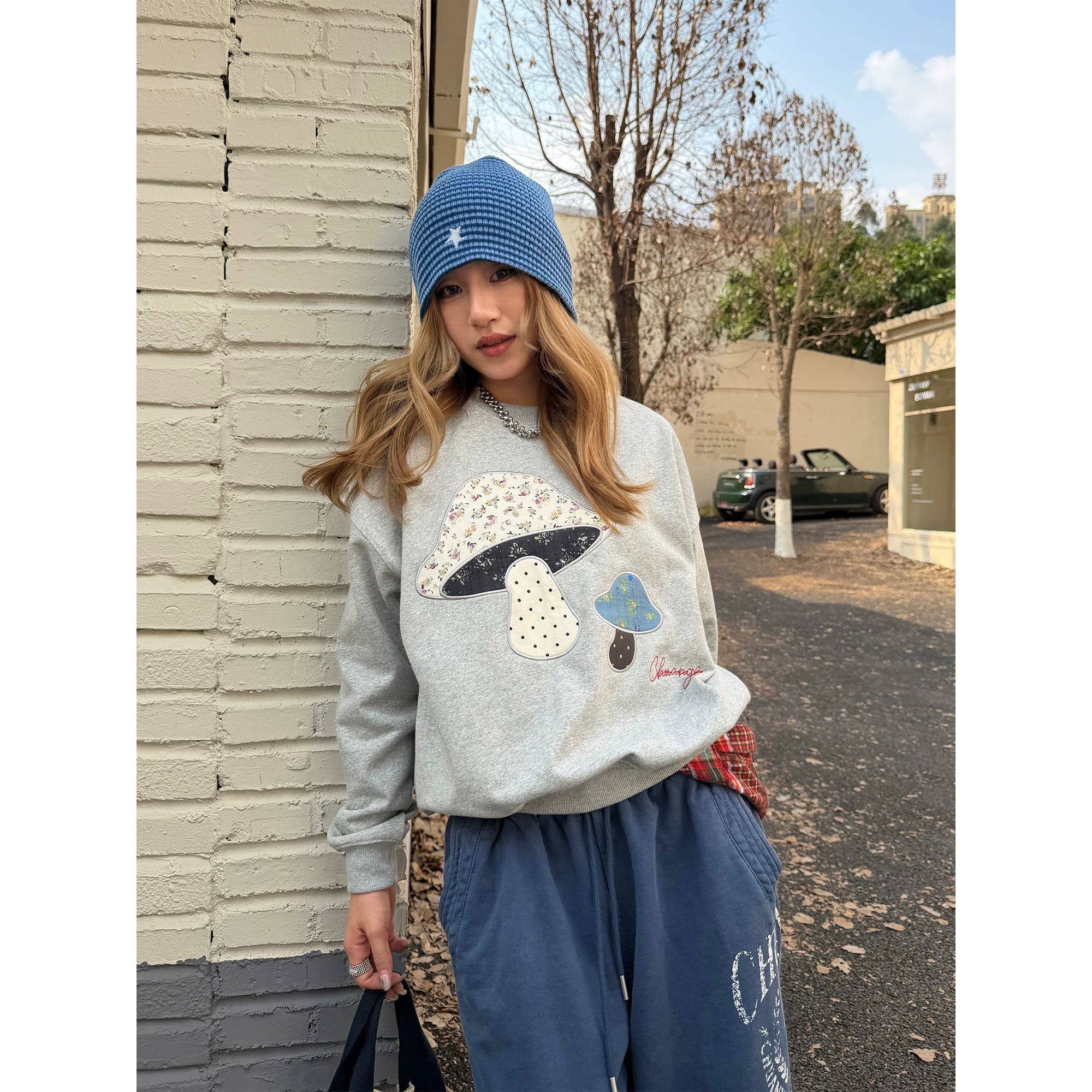 CCYE Mushroom Embroidery Fun Splicing Patch Sweater