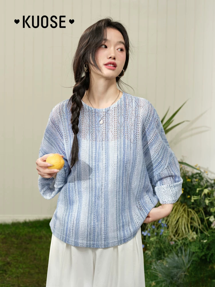 Kuose Striped Hollow Loose Long Sleeve Shirt