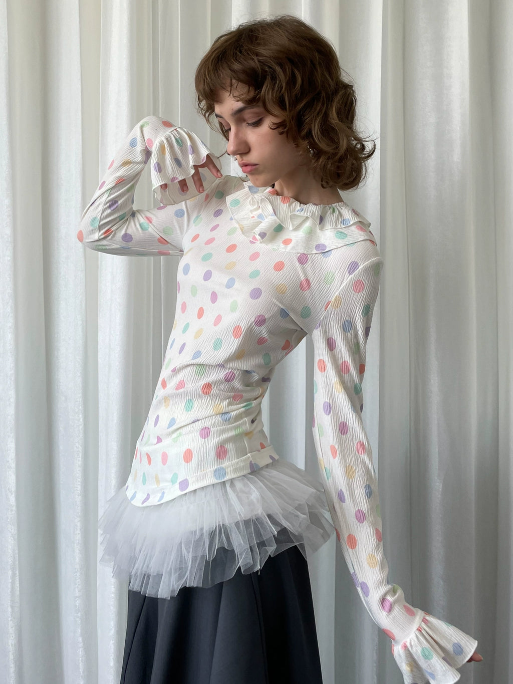 Loosesmell Fungus Edge Crew Neck Color Polka Dot Long Sleeve