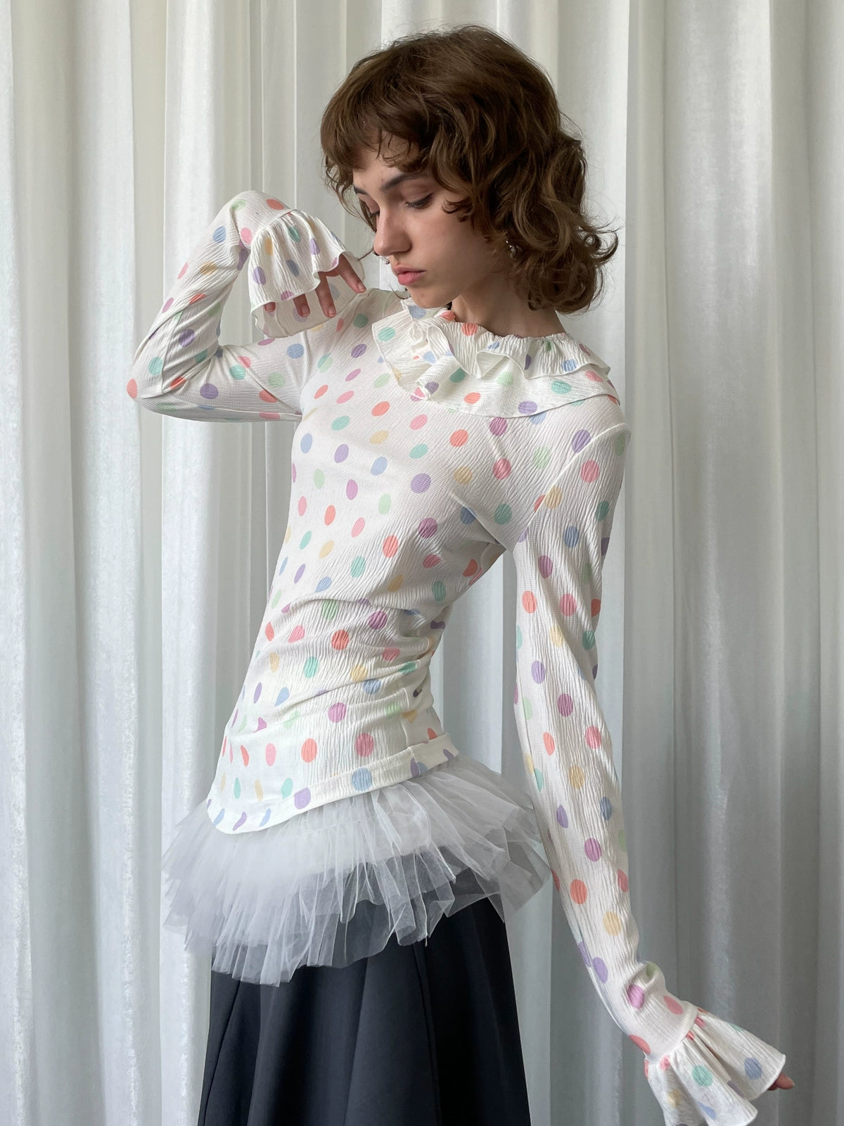 Loosesmell Fungus Edge Crew Neck Color Polka Dot Long Sleeve