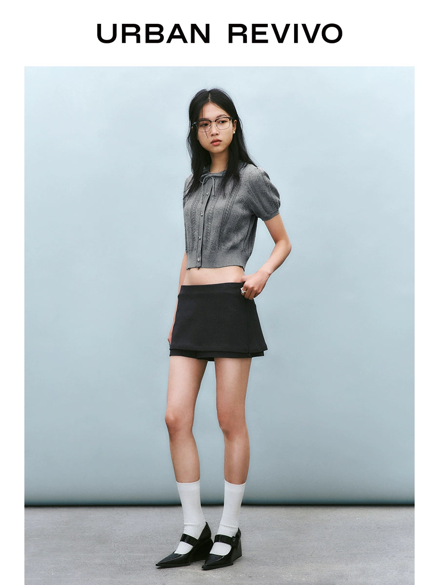 URBAN REVIVO Bow Texture Lace-up Short-sleeved Knitted Sweater