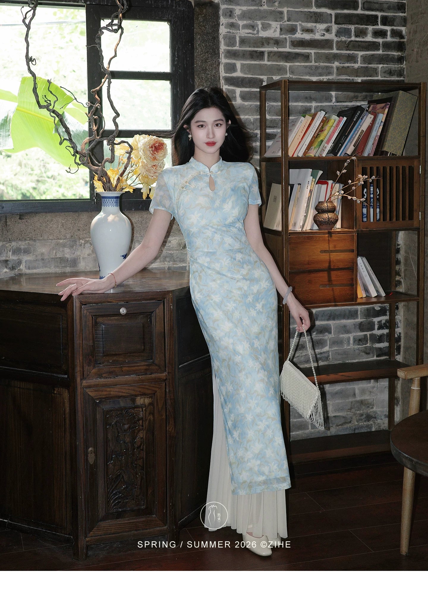 ZIHE Floral Mesh Stretch Cheongsam Slim Dress