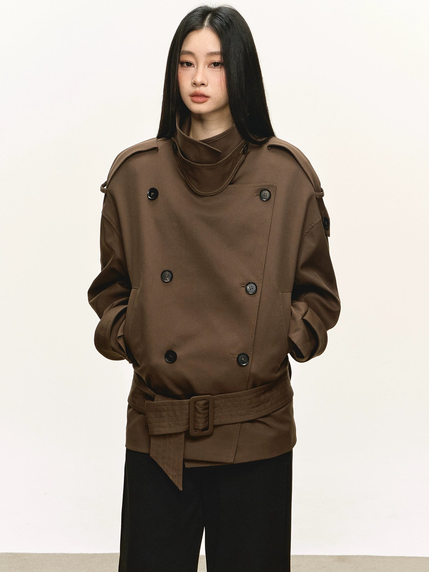 Anna Aneae Stand-up Collar Double-breasted Short Trench Coat