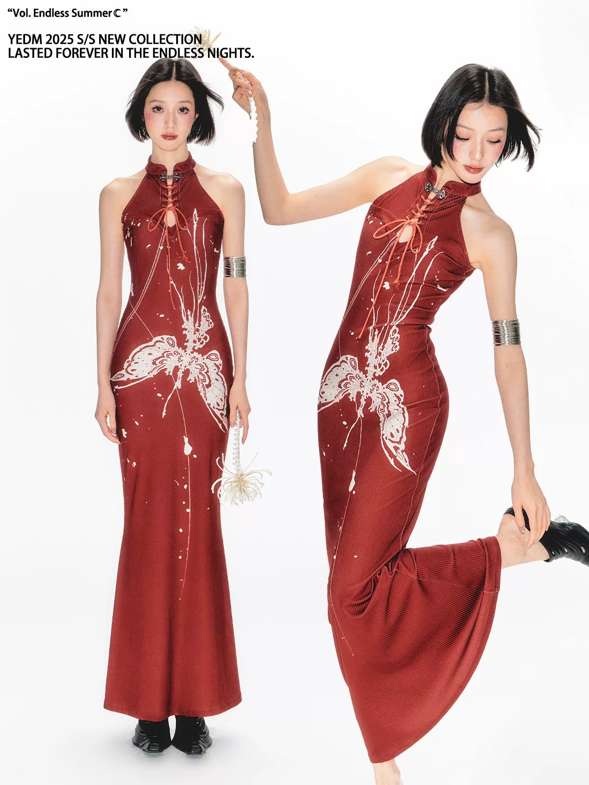 YEDM Butterfly Snake Print Cheongsam Dress