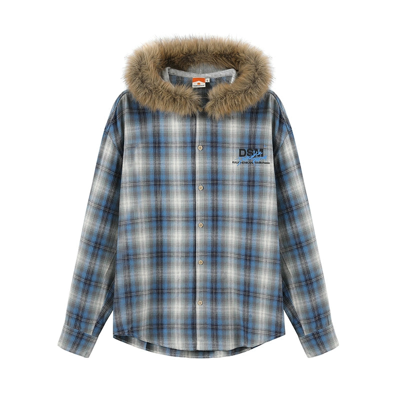 DONSMOKE Checked Hooded Fur Collar Shirt