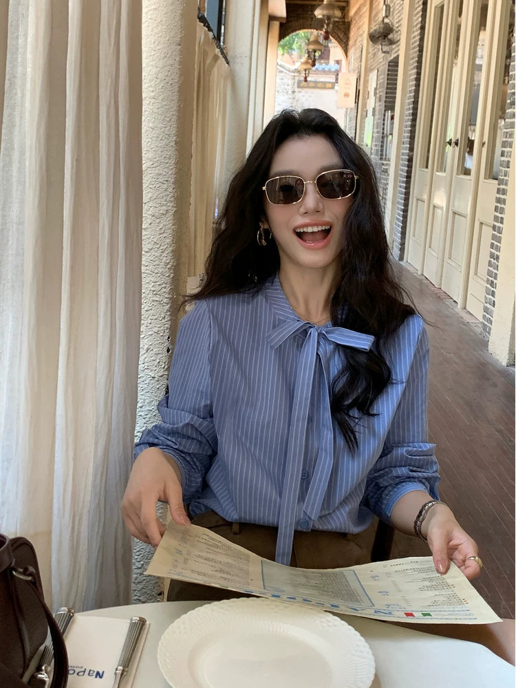 Pusumede Bow Strap Striped Shirt