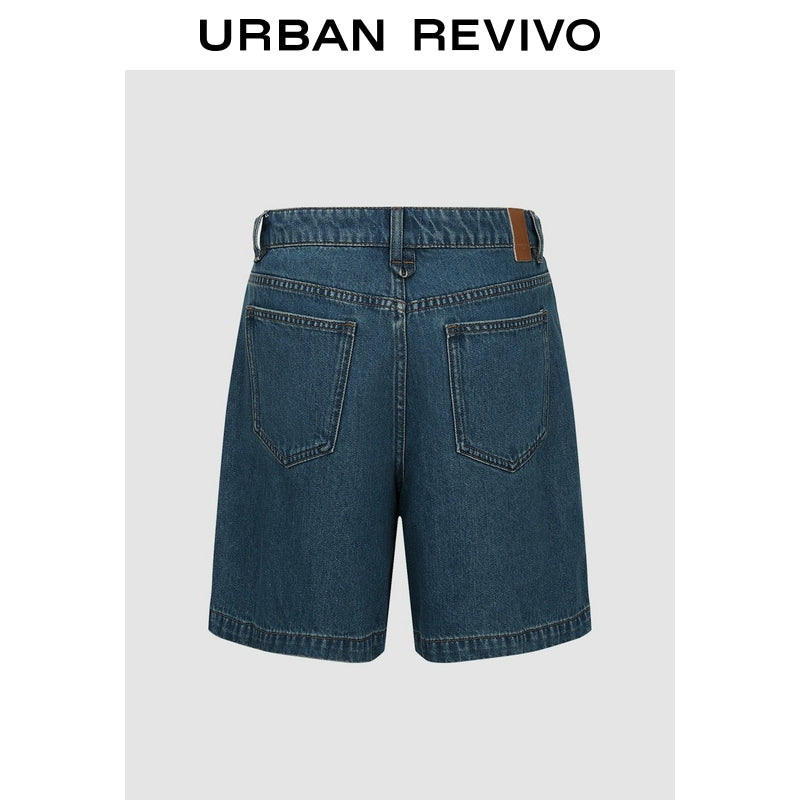 URBAN REVIVO Casual Retro Washed Pleated Denim Shorts