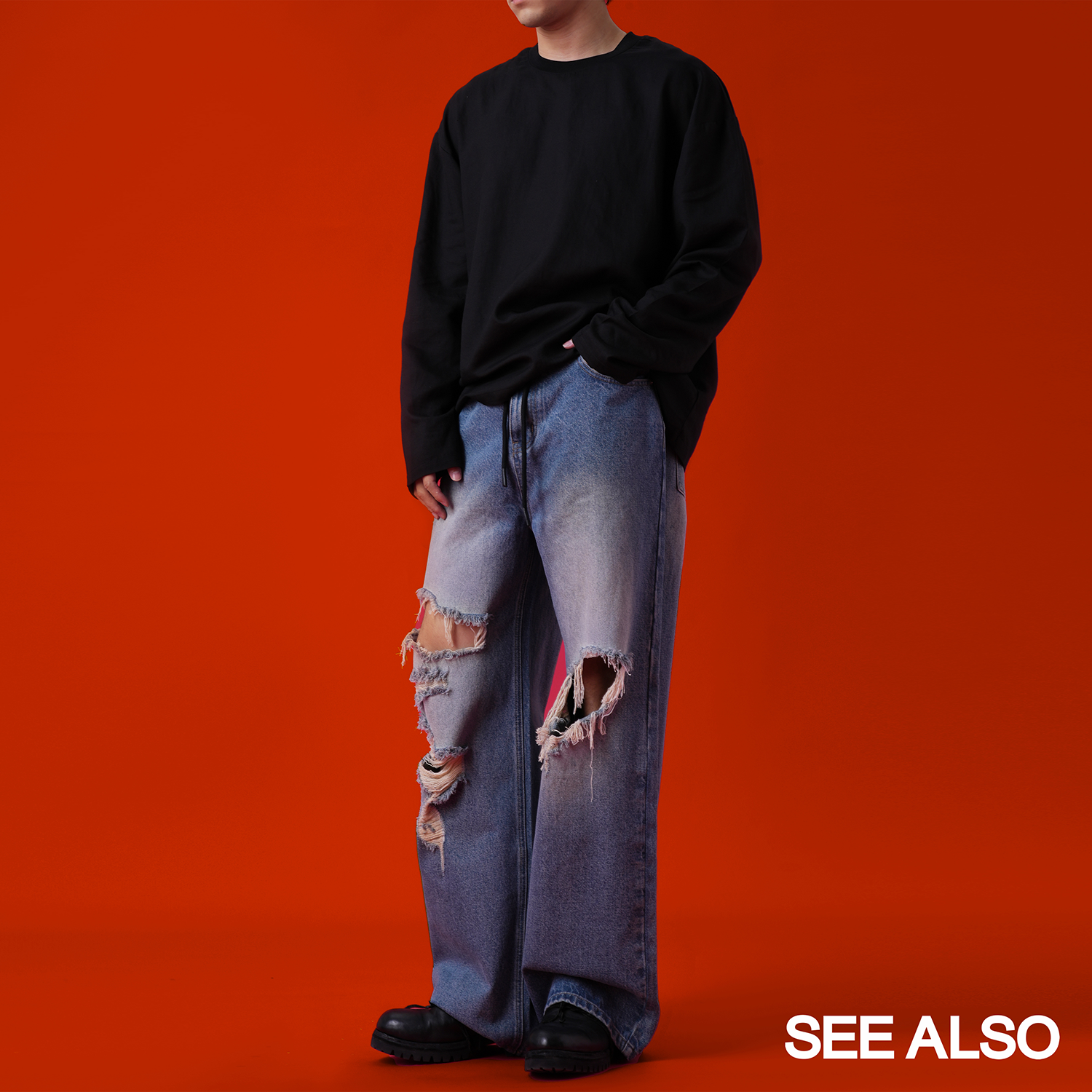 SEE ALSO ripped stitching loose washed wide leg jeans