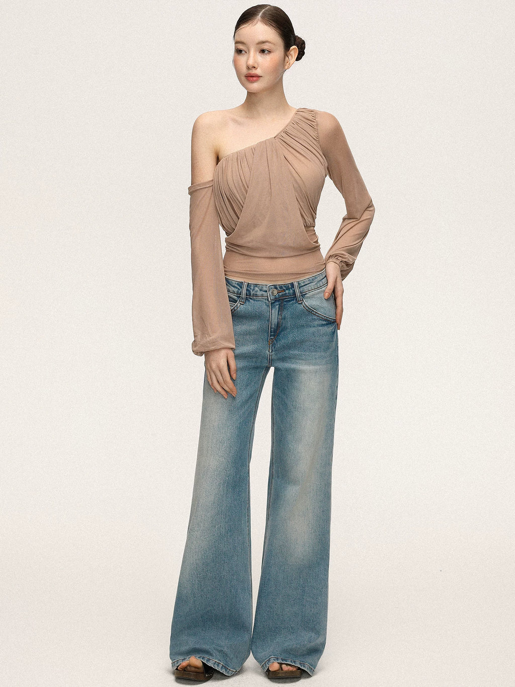 Anna Aneae Mesh Slanted Shoulders Waist Slim Tee