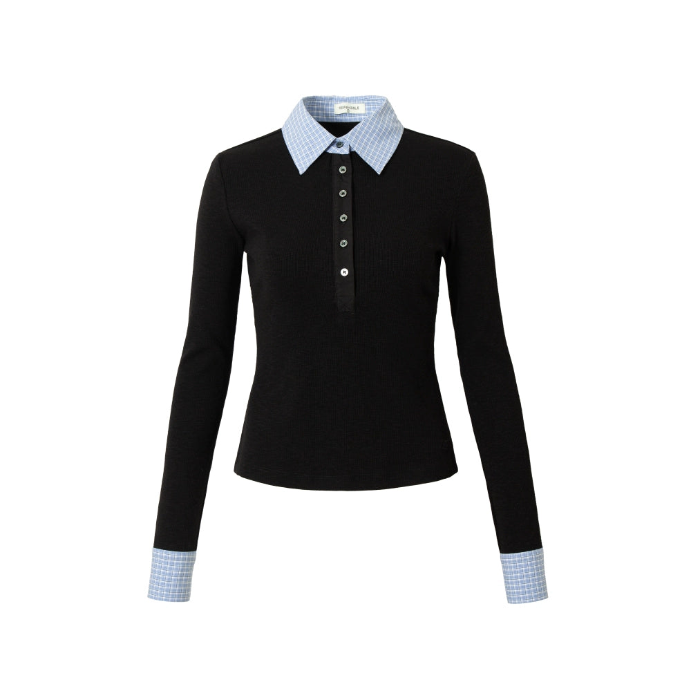 RPB BRAND Checked Splicing Polo Collar Fake Two-piece Waist College Bottoming Shirt