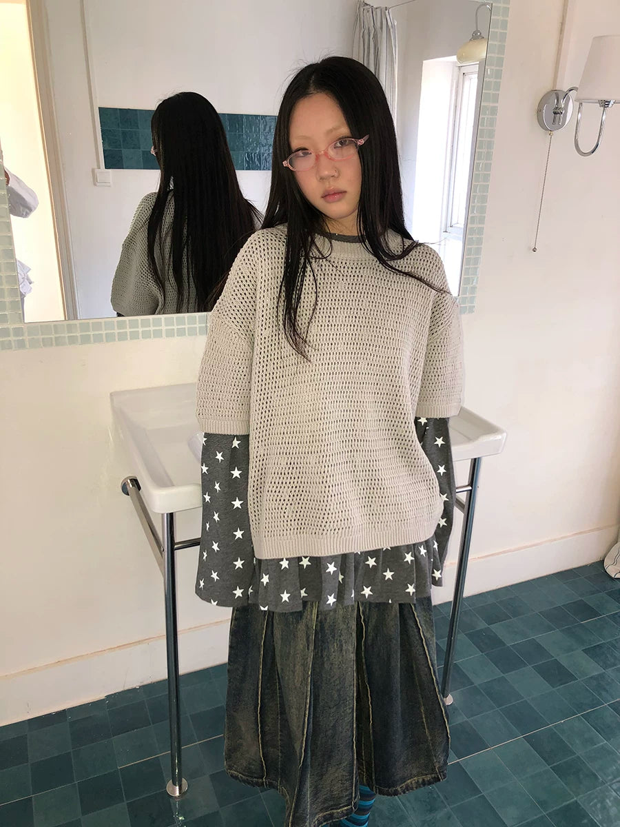 Ang: Project Hollow Round Neck Pullover Knitting Tee
