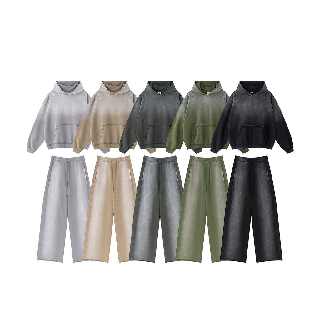 BE Gradual Change Hole Hooded Sweater Straight Pants Two-piece Set