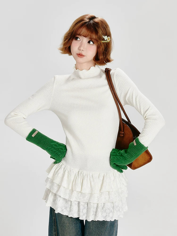 Girlyhalo Semi-turtleneck Multi-layer Lace Stacked Slim-fit Bottoming Shirt