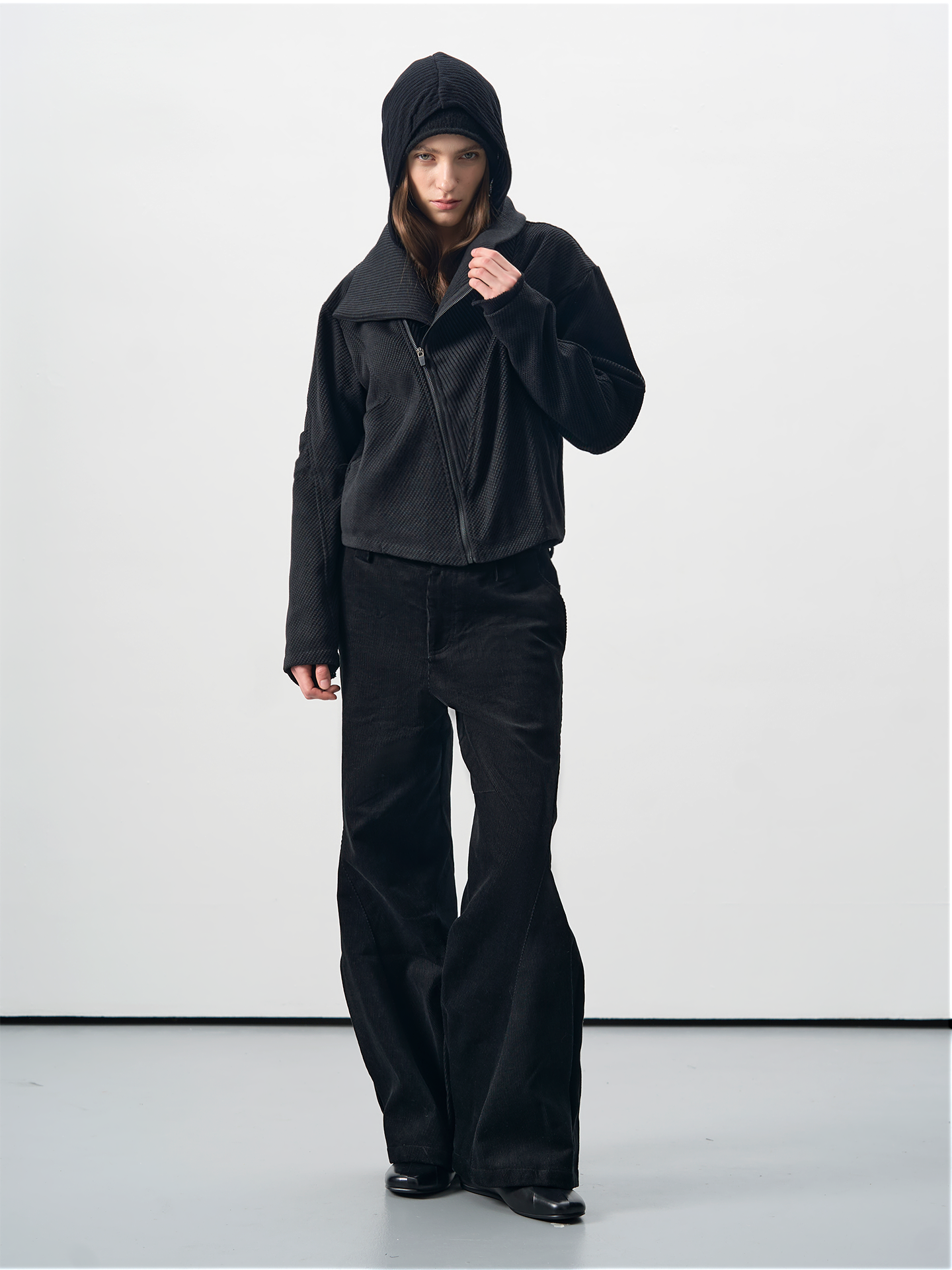 BEVAN UP Diagonal Cut High Lapel Textured Short Jacket