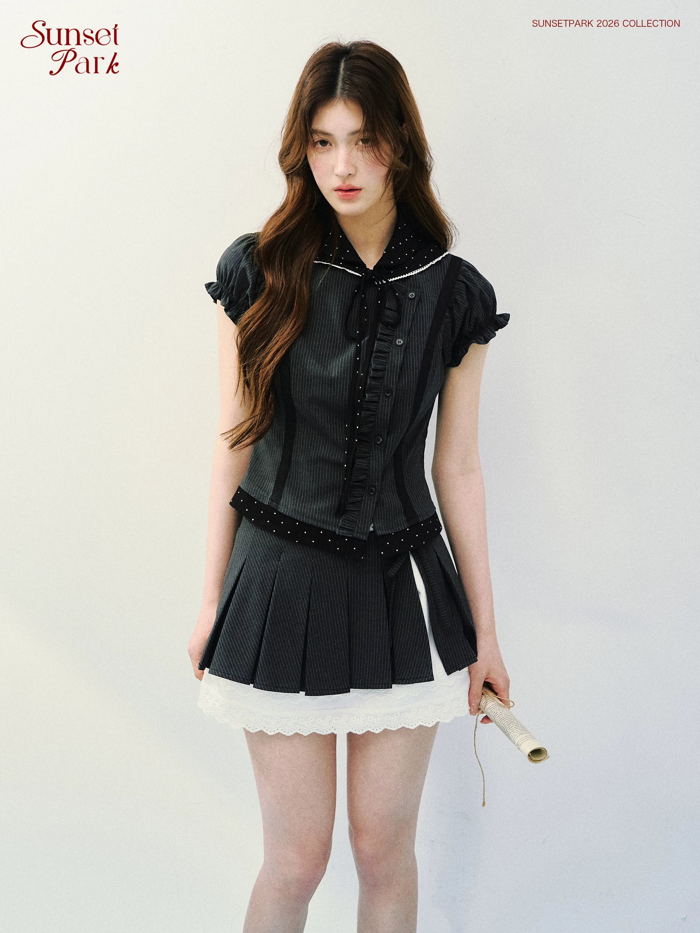 SunsetPark Striped Splicing Polka Dot Shirt Skirt Set