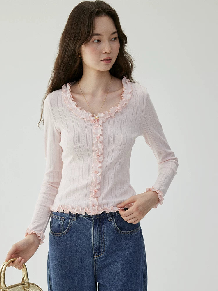VOOE Fungus Lace U-Neck Sweet Long Sleeves
