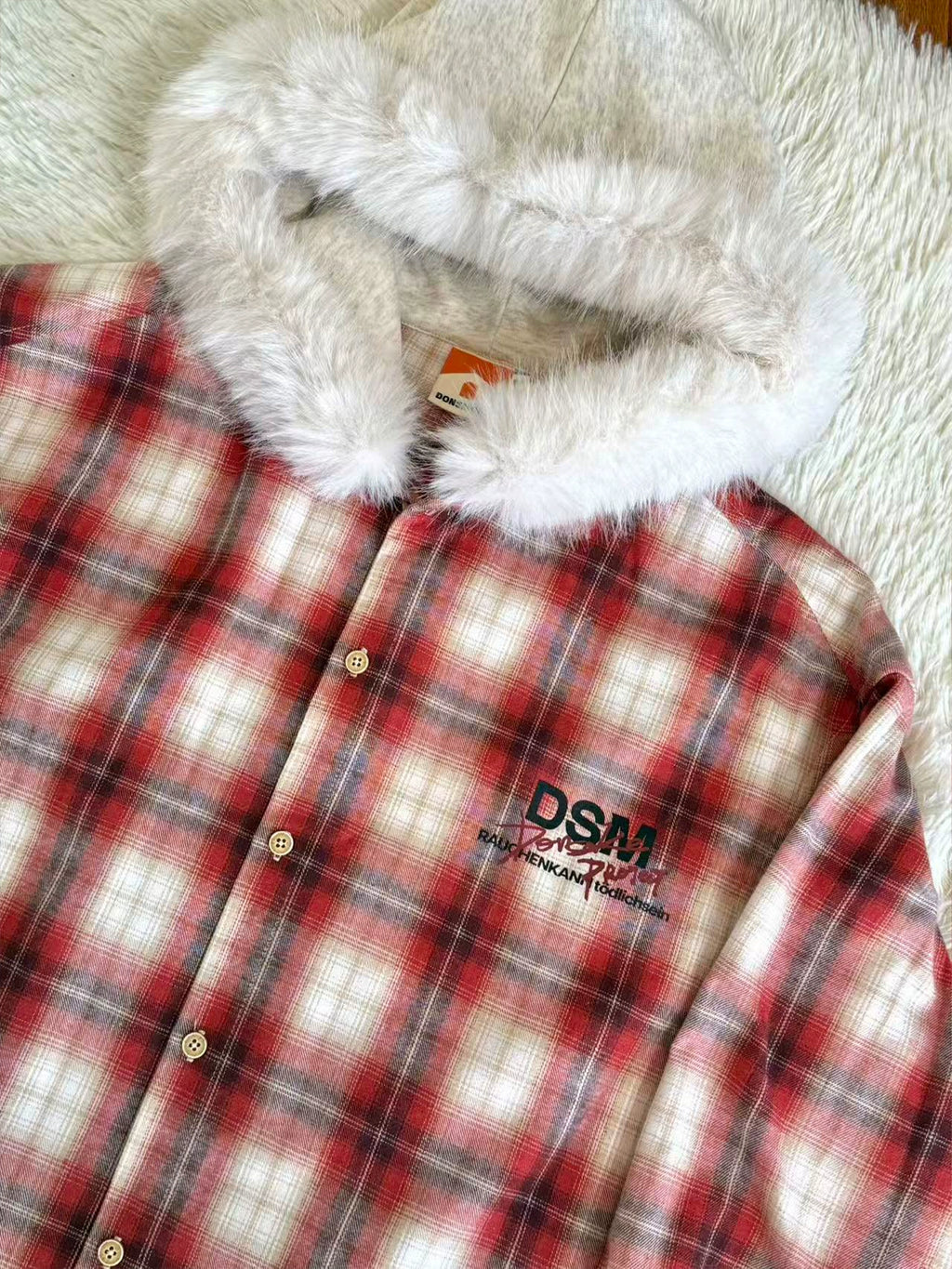 DONSMOKE Checked Hooded Fur Collar Shirt