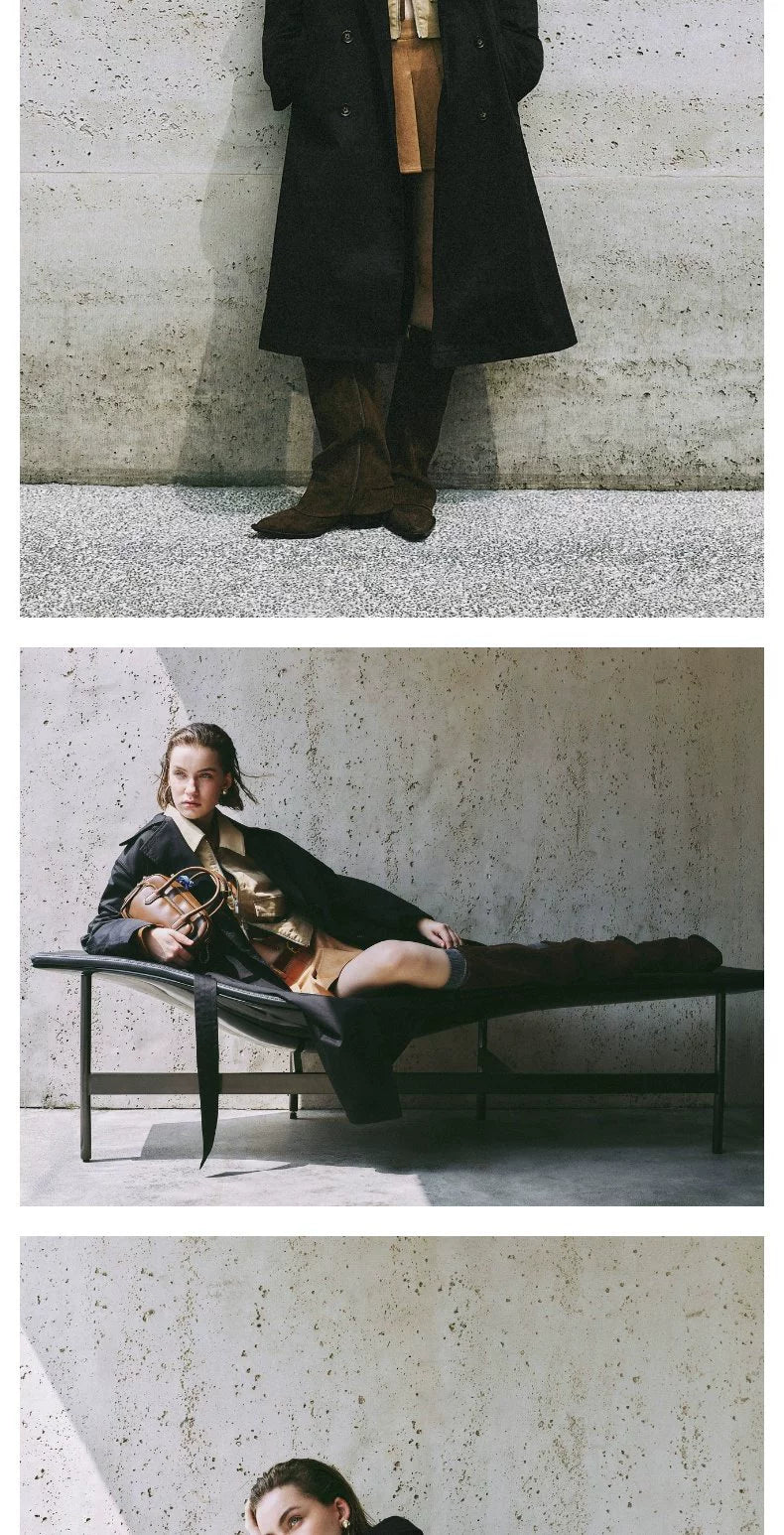 URBAN REVIVO Temperament British Style Double-breasted Waist Long Trench Coat