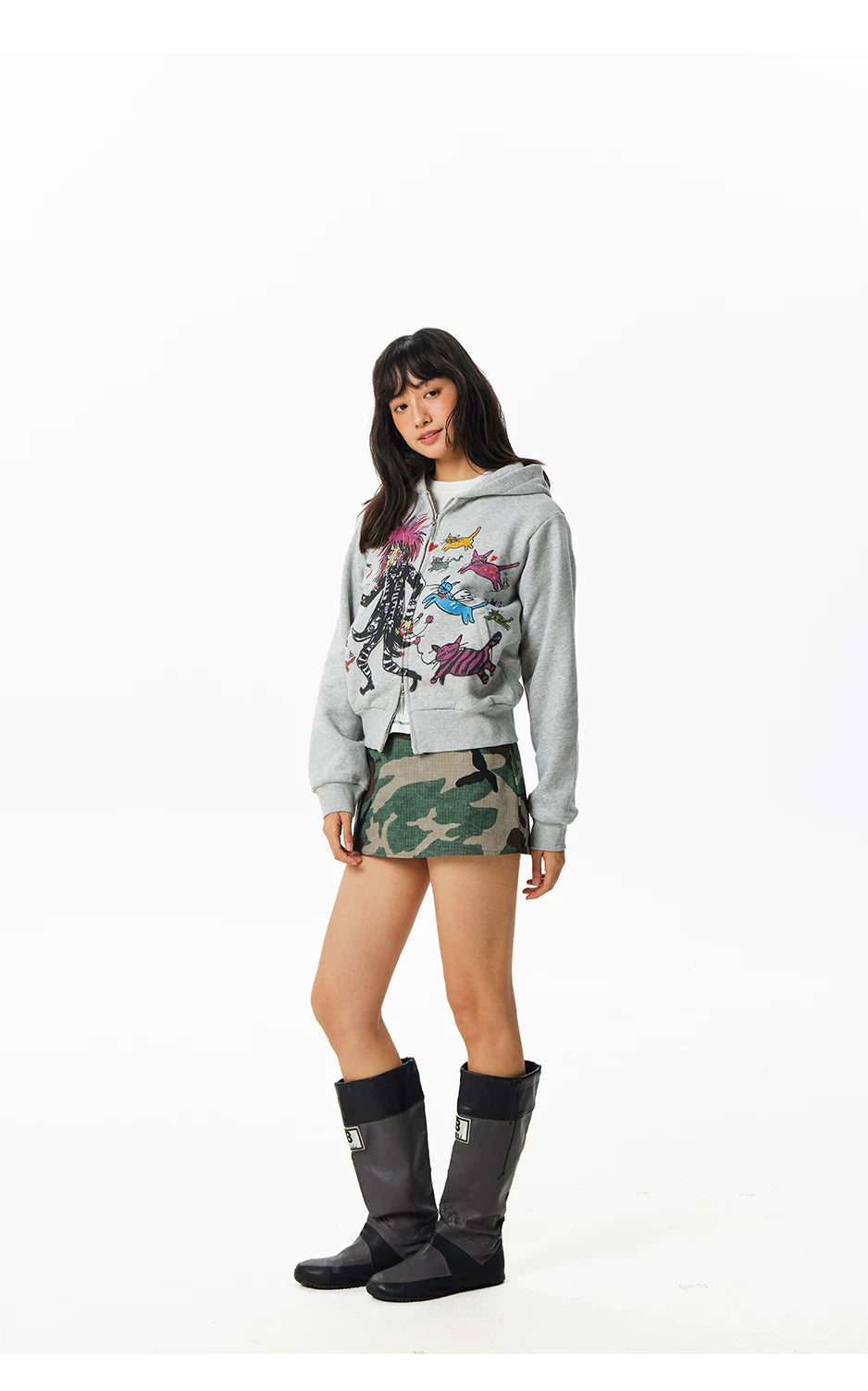 CryingCenter Kitten Print Front Shoulder Fleece Sweater Jacket