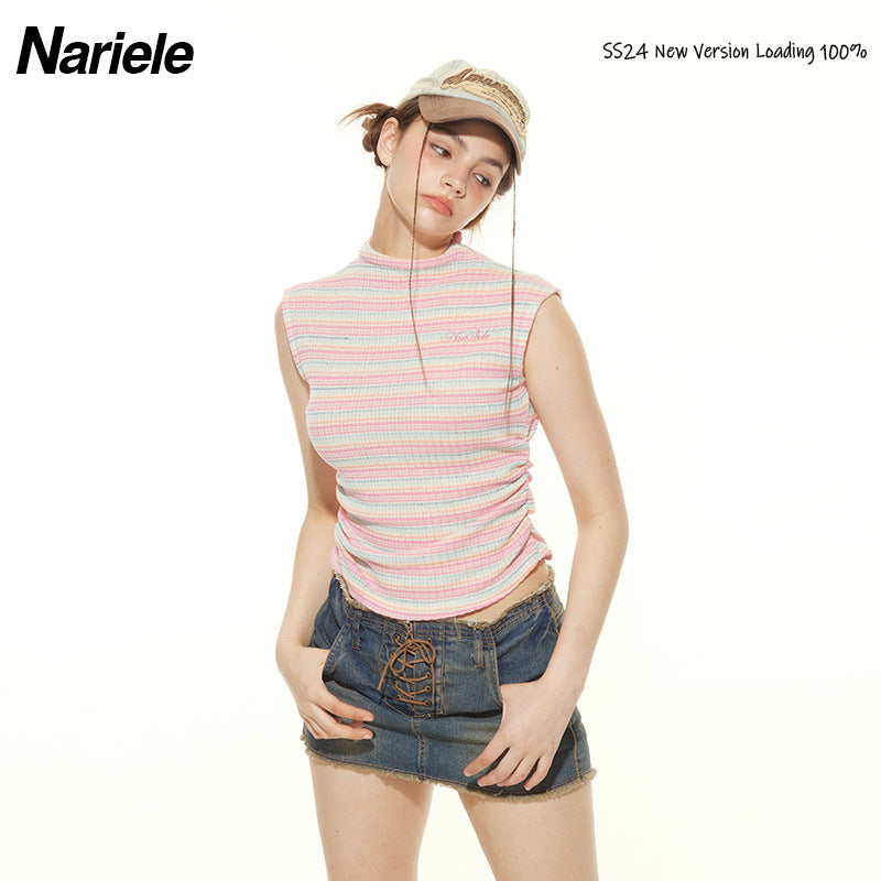 Nariele Contrast Striped Wrinkle Waist Design Vest
