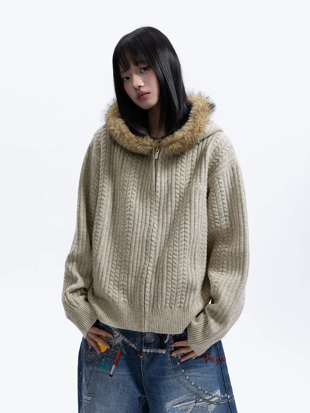WHOOSIS Vintage Twisted Hooded Cardigan Sweater
