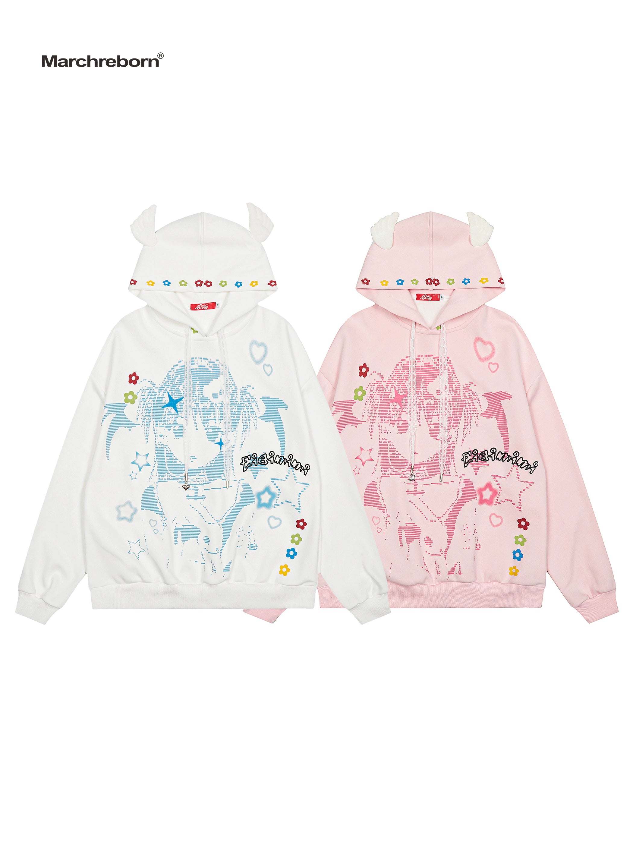 MARCH Girl Cartoon Print Wings Hooded Sweater